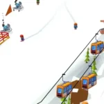 A screenshot of Ski Resort: Idle Snow Tycoon showing various buildings and ski slopes.