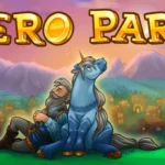 A screenshot of the gameplay in Hero Park showing the town and various buildings.