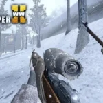 A sniper aiming down his scope in a snowy environment in Call of Sniper WW2.