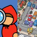A woman in a yellow raincoat searches for hidden objects in a crowded market scene.