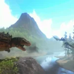 ARK: Ultimate Mobile Edition gameplay screenshot showing a player riding a dinosaur.