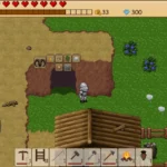 Character standing in front of a crafting table in Survival RPG: Open World Pixel.