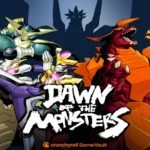 Dawn of the Monsters gameplay screenshot showing a giant monster attacking a city.