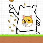 Dog Rescue gameplay screenshot showing a dog being protected from bees by a drawn line.