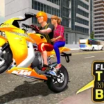 Flying motorbike soaring through the city in Flying Motorbike Taxi Driving.