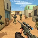 FPS Commando Shooting gameplay screenshot showing a soldier aiming down his sights