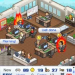 Game Dev Story gameplay screenshot showing the office and staff.
