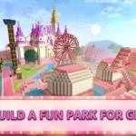Gameplay of Girls Theme Park Craft: Water showing a character building with blocks