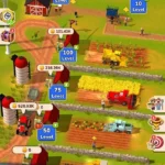Gameplay screenshot of Idle Farm: Harvest Empire showing various fields and buildings.