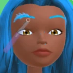 Gameplay screenshot of Super Salon showing a character receiving a makeover.