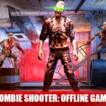 Gameplay screenshot of Zombie Shooter: Offline Game showing the player shooting zombies in a city street.