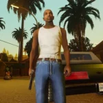 GTA San Andreas character Carl Johnson aiming a gun