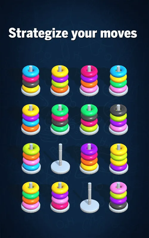 Hoop Sort Puzzle: Color Ring gameplay screenshot showcasing a solved puzzle with all rings correctly sorted.