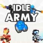 Idle Army gameplay screenshot showing multiple soldiers and enemies.