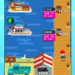 Idle Fishing Story gameplay screenshot showing a fishing boat and various fish.