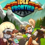 Idle Frontier gameplay screenshot showing various buildings and characters