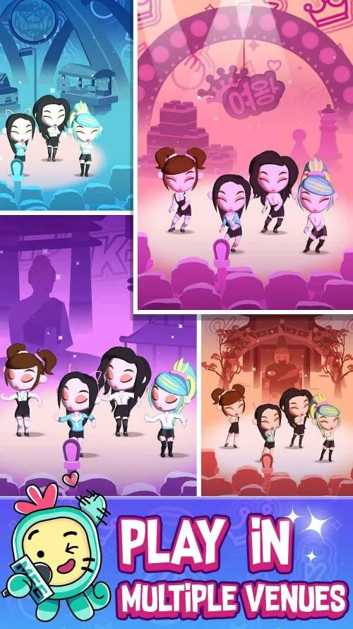 Скриншот Idle Idol, показывающий выступление на сцене с красочным освещением и спецэффектами