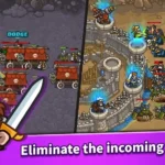 Idle Kingdom Defense gameplay screenshot showing heroes and enemies battling