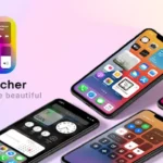 iOS Launcher home screen interface showcasing app icons and widgets.