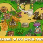 Kingdom Rush Frontiers TD gameplay screenshot showing different types of towers and enemies
