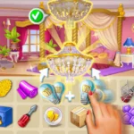 Main gameplay screen of Merge Hotel: Makeover Design showing merging items.