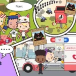 Miga Town: My Hospital gameplay screenshot showing different rooms and characters.