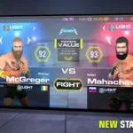 MMA Fighting Clash 23 gameplay screenshot showing two fighters in the ring.