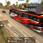 Modern Grand City Coach Arena gameplay screenshot showing a bus driving on a city street.