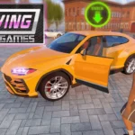 Open World Car Driving gameplay screenshot showing a sports car driving in a city