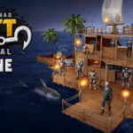 Raft Survival: Multiplayer gameplay screenshot showing a player on a raft