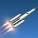 Spaceflight Simulator gameplay screenshot showing a rocket launching from Earth.