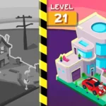 Taps to Riches gameplay screenshot showing city buildings.