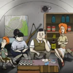 Ted scavenging supplies in a chaotic house before nuclear explosion