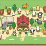 Tiny Pixel Farm gameplay screenshot showing pixelated farm animals and buildings.