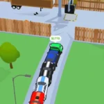 Tow N Go gameplay screenshot showing a tow truck pulling a line of cars.