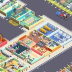 Travel Center Tycoon gameplay screenshot showing various buildings and trucks.