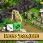 Zombie Castaways gameplay screenshot showing a zombie working in a field.